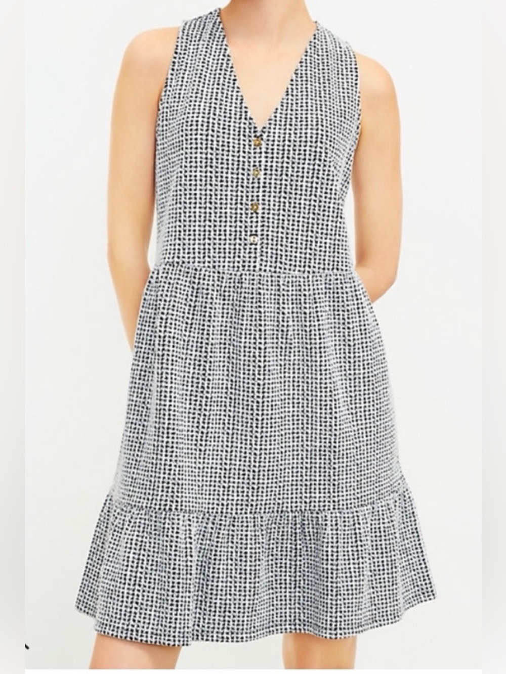 LOFT Black & White Sleeveless V-Neck Tiered Mini Dress
